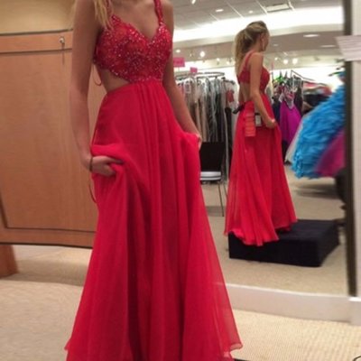 Red chiffon beading long prom dresses, 2017 evening dress with trian - Thumbnail 5