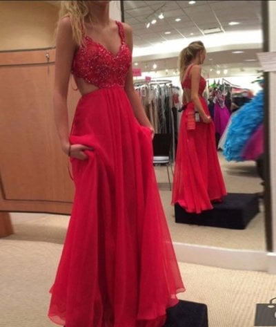 Red chiffon beading long prom dresses, 2017 evening dress with trian