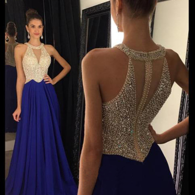 Navy blue chiffon beading long prom dresses, 2017 evening dress  - Thumbnail 4