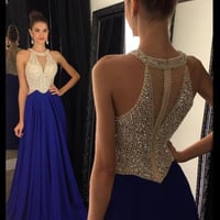 Navy blue chiffon beading long prom dresses, 2017 evening dress  - Thumbnail 1