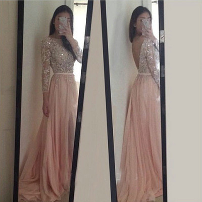 Sparkle exquisite pink long sleeves prom dress,evening dresses