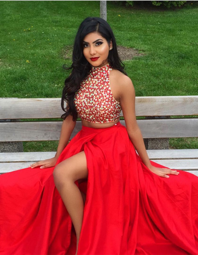 Unique Red Sequin Two Piece Long Prom 