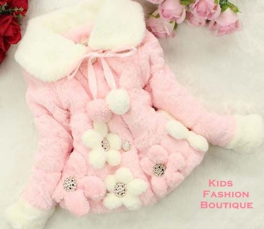 Girls Pink and White Flowers Gorgeous Faux Fur Coat