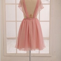 Lovely Light Pink Knee Length Backless Prom Dress, Short Bridesmaid Dresses, Wedding Party Dress - Thumbnail 1