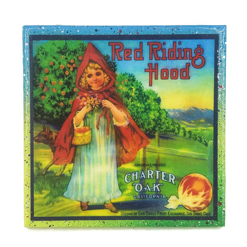 Handmade Coaster Red riding hood - Vintage Citrus Crate Label - Handmade Recycled Tile Coaster
