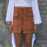 Lace Up Suede Skirt - Thumbnail 1