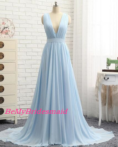 Charming V-neckline Light Blue Prom Dresses, Blue Evening Gowns, Party Dresses 2017