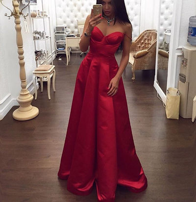 Red sweetheart neck satin long prom dress,evening dress