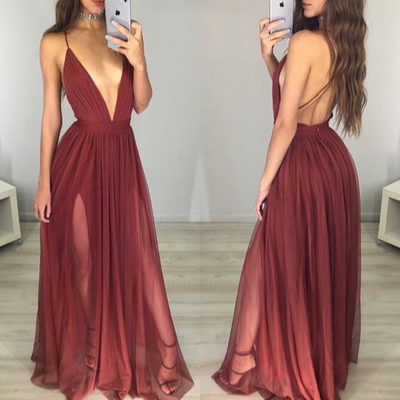 Simple  a-line v neck chiffon long prom dress,wedding dress - Thumbnail 5