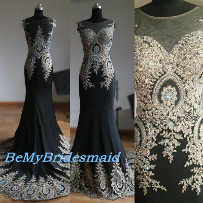 Charming spandex black lace applicue mermaid prom gowns, black party dresses, evening gowns 
