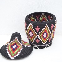  SOLD SOLD SOLD Berber Basket Handwoven Vintage Moroccan Berber Wool Lidded Basket  - Thumbnail 1