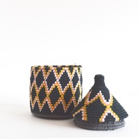  Berber Basket Handwoven Vintage Moroccan Berber Wool Lidded Basket  - Thumbnail 1