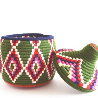 Berber Basket Handwoven Vintage Moroccan Berber Wool Lidded Basket  - Thumbnail 4