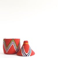  SOLD SOLD SOLD Berber Basket Handwoven Vintage Moroccan Berber Wool Lidded Basket  - Thumbnail 1