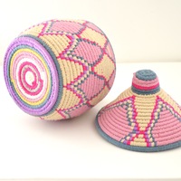 Berber Basket Handwoven Vintage Moroccan Berber Wool Lidded Basket  - Thumbnail 4