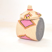  Berber Basket Handwoven Vintage Moroccan Berber Wool Lidded Basket  - Thumbnail 3