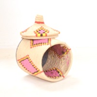  Berber Basket Handwoven Vintage Moroccan Berber Wool Lidded Basket  - Thumbnail 4