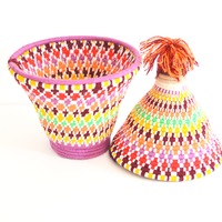  SOLD SOLD SOLD Berber Basket Handwoven Vintage Moroccan Berber Wool Lidded Basket with Pom Pom - Thumbnail 1