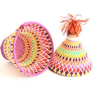  SOLD SOLD SOLD Berber Basket Handwoven Vintage Moroccan Berber Wool Lidded Basket with Pom Pom - Thumbnail 3