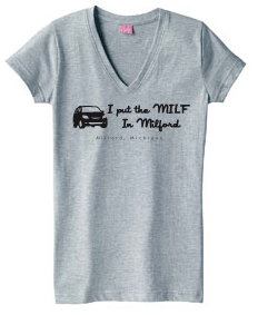 I Put The Milf in Milford V-Neck T-Shirt (Gray) with Van