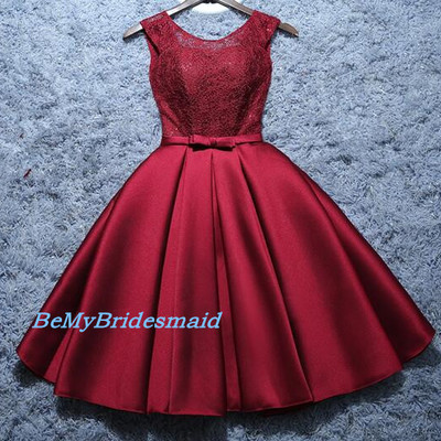 Cute burgundy satin and lace short prom dresses, wine red party dresses, short homecoming dresses