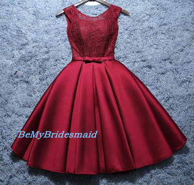 Cute Burgundy Satin and Lace Short Prom Dresses, Wine Red Party Dresses, Short HomecomING Dresses