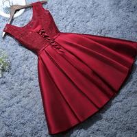 Cute Burgundy Satin and Lace Short Prom Dresses, Wine Red Party Dresses, Short HomecomING Dresses - Thumbnail 1