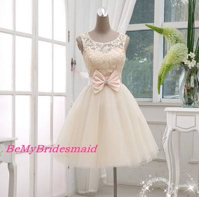 Adorable Light Champagne Tulle Knee Length Party Dress with Bow, Sweet 16 Dresses