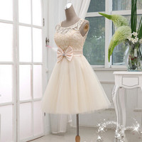 Adorable Light Champagne Tulle Knee Length Party Dress with Bow, Sweet 16 Dresses - Thumbnail 1