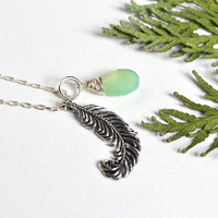 Feather and Drop Necklace, Black Friday Sale, Necklace, Christmas Gift, Girls Gift, Seafoam Stone Necklace, Angel Feather - Thumbnail 3