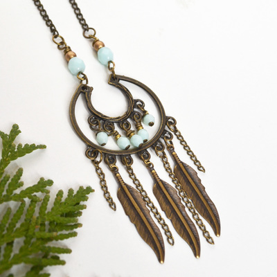 Bohemian necklace, dangle necklace, mint beads, black friday, christmas gift jewelry, feather necklace boho - Thumbnail 3