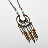 Bohemian Necklace, Dangle Necklace, Mint Beads, Black Friday, Christmas Gift Jewelry, Feather Necklace Boho - Thumbnail 1