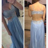 Pretty Light Blue Straps Chiffon Beaded Backless Prom Dresses, Blue Prom Dresses, Party Dress - Thumbnail 1