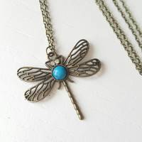 Dragonfly Long Necklace - 31" long necklace- 2" pendant with Turquoise Stone - Thumbnail 1