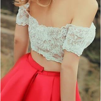 A-line prom dress, off-shoulder homecoming dress, cute prom dress, satin and lace homecoming dress,short prom dress, BDS00006 - Thumbnail 1