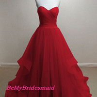 Gorgeous Red Tulle Sweetheart Ball Gown Prom Dresses, Red Party Gowns, Prom Gowns - Thumbnail 3