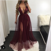 Sexy V neck tulle sequins long prom dress,grad  dress - Thumbnail 1