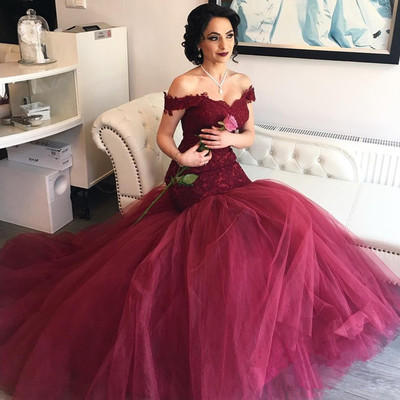 Burgundy sweetheart neck lace off shoulder long prom dress, graduation dresses