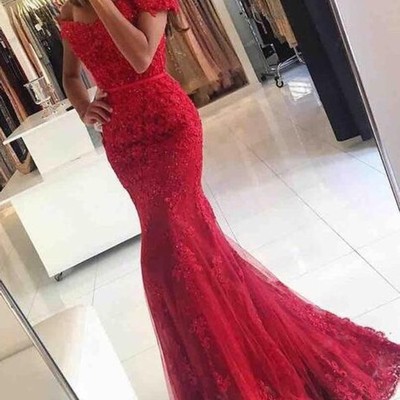 New red tulle appliques off shoulder long prom dress,formal dress