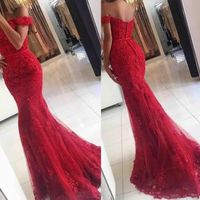 New red tulle appliques off shoulder long prom dress,formal dress - Thumbnail 2