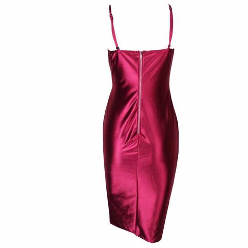Burgundy Satin V-Neck Cross Wrap Drape Dress