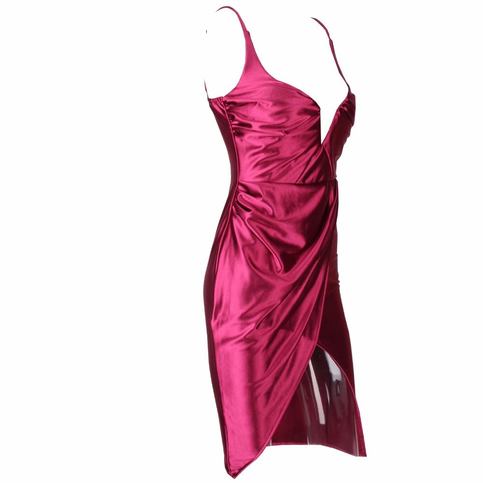 Burgundy Satin V-Neck Cross Wrap Drape Dress