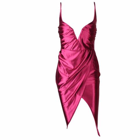 Burgundy Satin V-Neck Cross Wrap Drape Dress