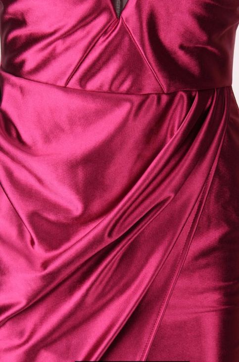 Burgundy Satin V-Neck Cross Wrap Drape Dress