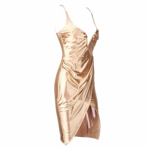 Gold Satin V-Neck Cross Wrap Drape Dress
