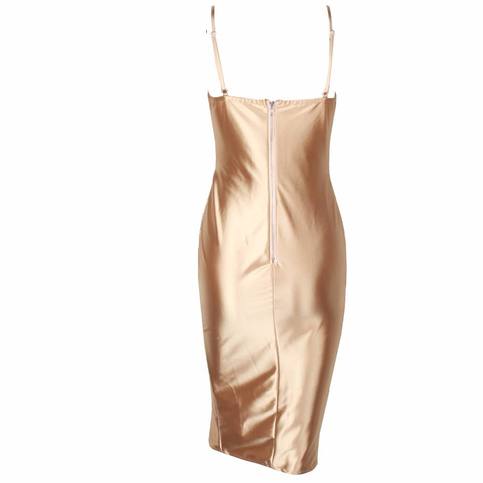 Gold Satin V-Neck Cross Wrap Drape Dress