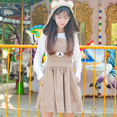 Japanese cute bear hooded braces skirt