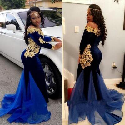 2018 new african long sleeves velvet prom dresses 2k18 elegant boat neckline floor length mermaid royal blue evening gowns with gold lace