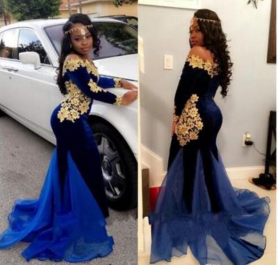 2018 New African Long Sleeves Velvet Prom Dresses 2K18 Elegant Boat Neckline Floor Length Mermaid Royal Blue Evening Gowns With Gold Lace