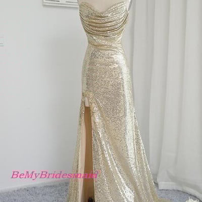 Shiny sparkle light champagne sequins slit prom dresses, sequins party dresses, evening dresses